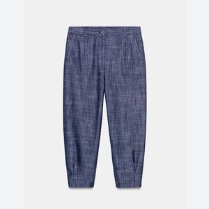 ZARA Cropped Barrel Leg Lightweight Chambray pleated trousers